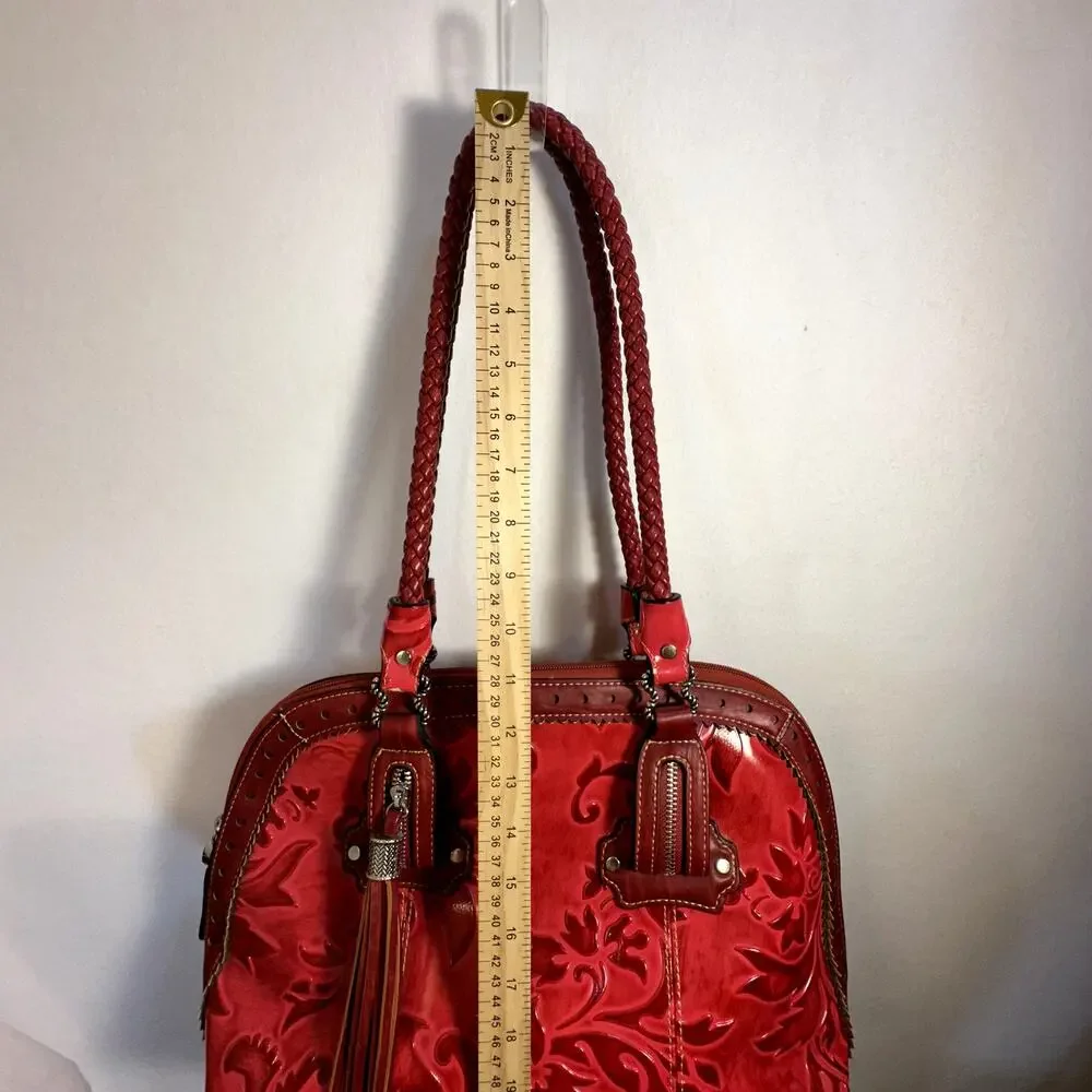 Madi Claire Red Embossed Western Satchel Shoulder Bag Tassel Floral Tooled Purse